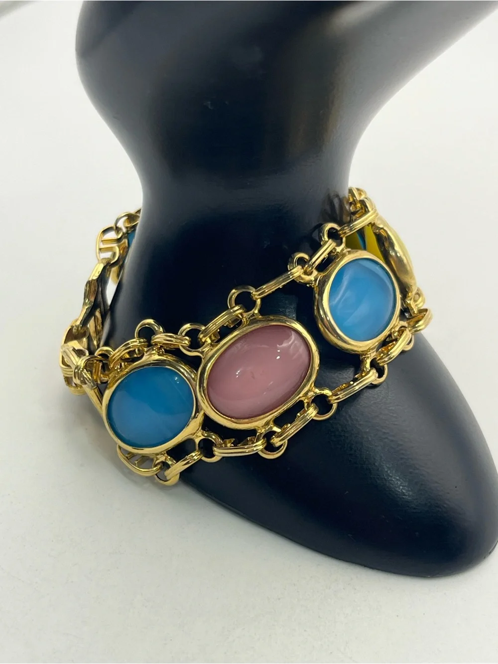 Pale Pink, blue, yellow oval cabochon gold tone vintage chain bracelet